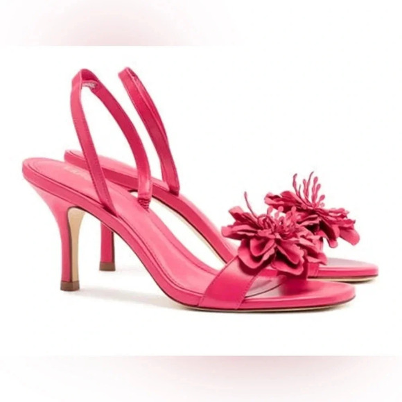 NEW Larroude Hibiscus Pink Slingback Leather Heeled Floral Sandals Size 8 - Picture 1 of 11